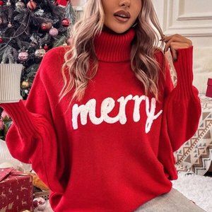Red Merry Christmas Turtleneck Pullover Sweater